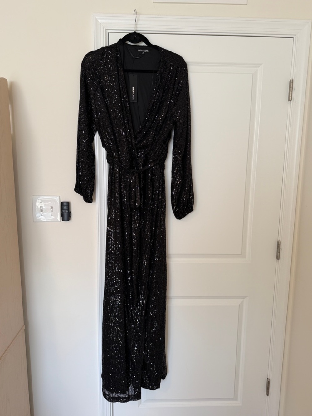 NWT Fashion Nova Black Sequin Plunge Dress with Front Slit